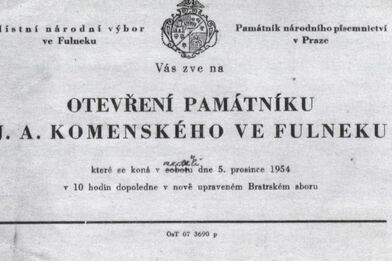 Pozvánka na otevření první expozice v nově otevřeném Památníku Jana Amose Komenského v roce 1954.